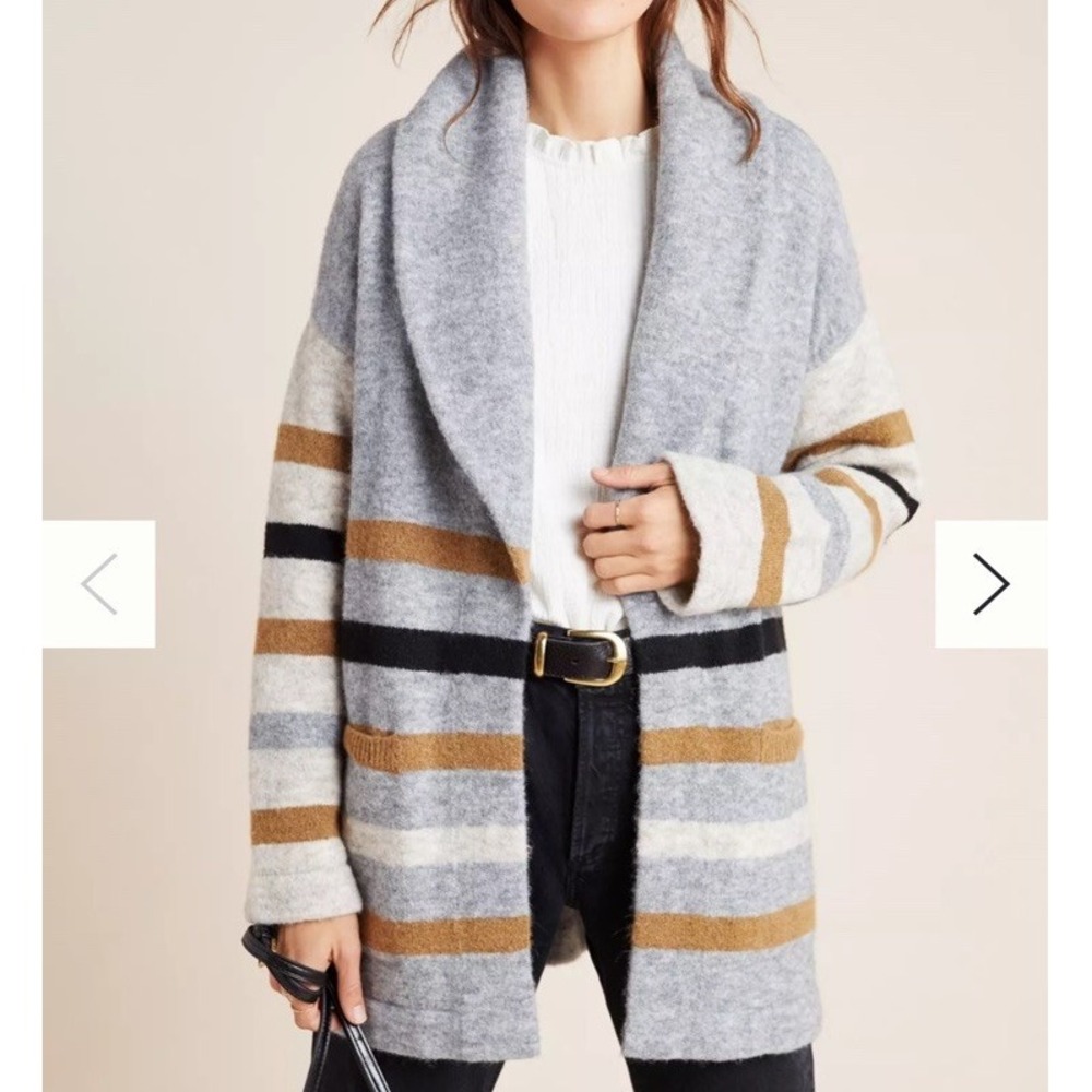 Anthropologie Striped Open Front Knit Cardigan Sweater Women's Vanja Large Wool